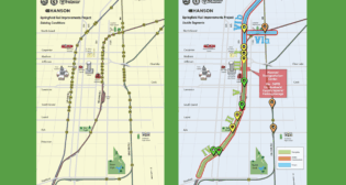 Springfield Rail Improvements Project (current map, left; future rail corridor map, right). (Courtesy of Hanson Professional Services)